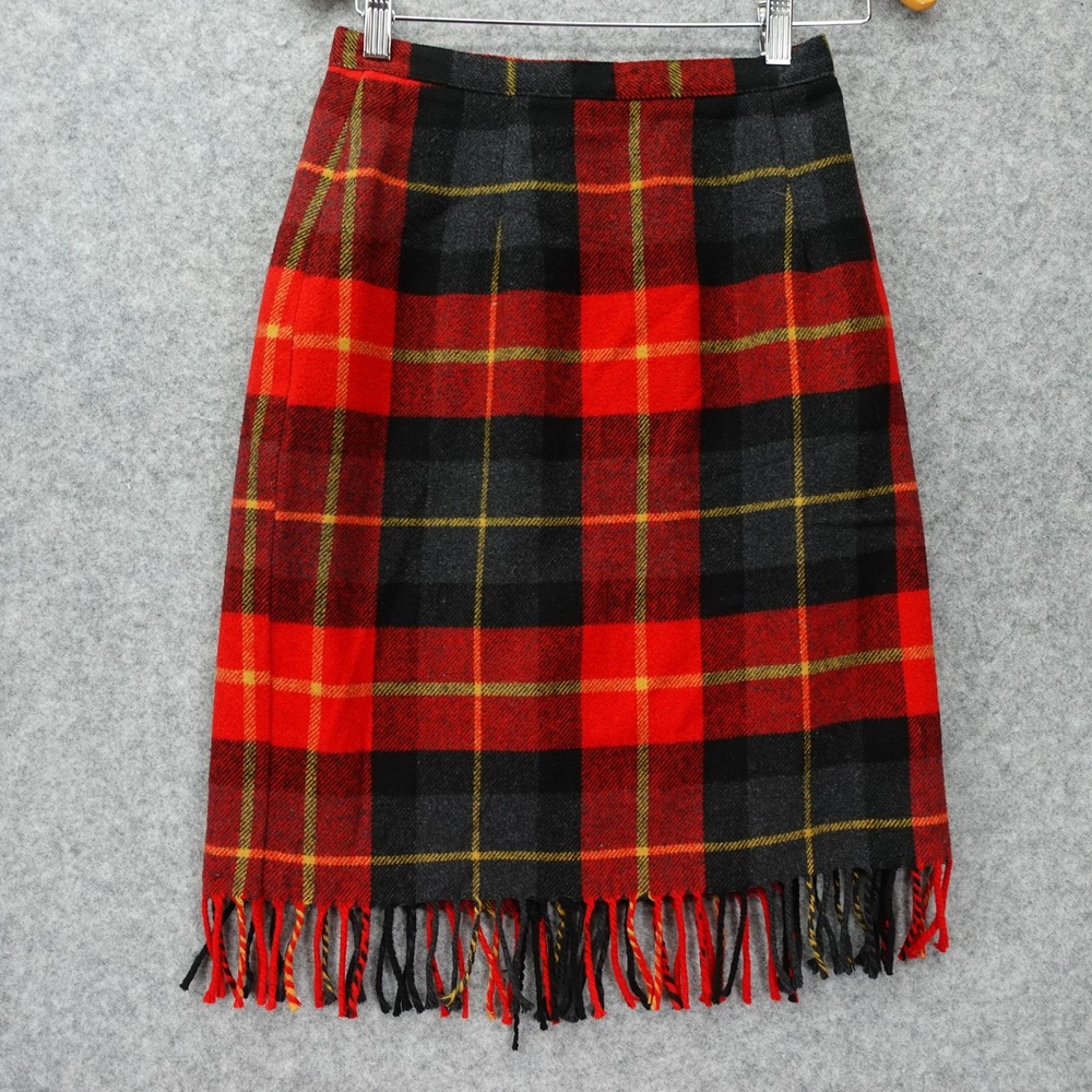 80s Vintage Intriguing Threads Tartan Plaid Fringe Wool Skirt S Red Black USA